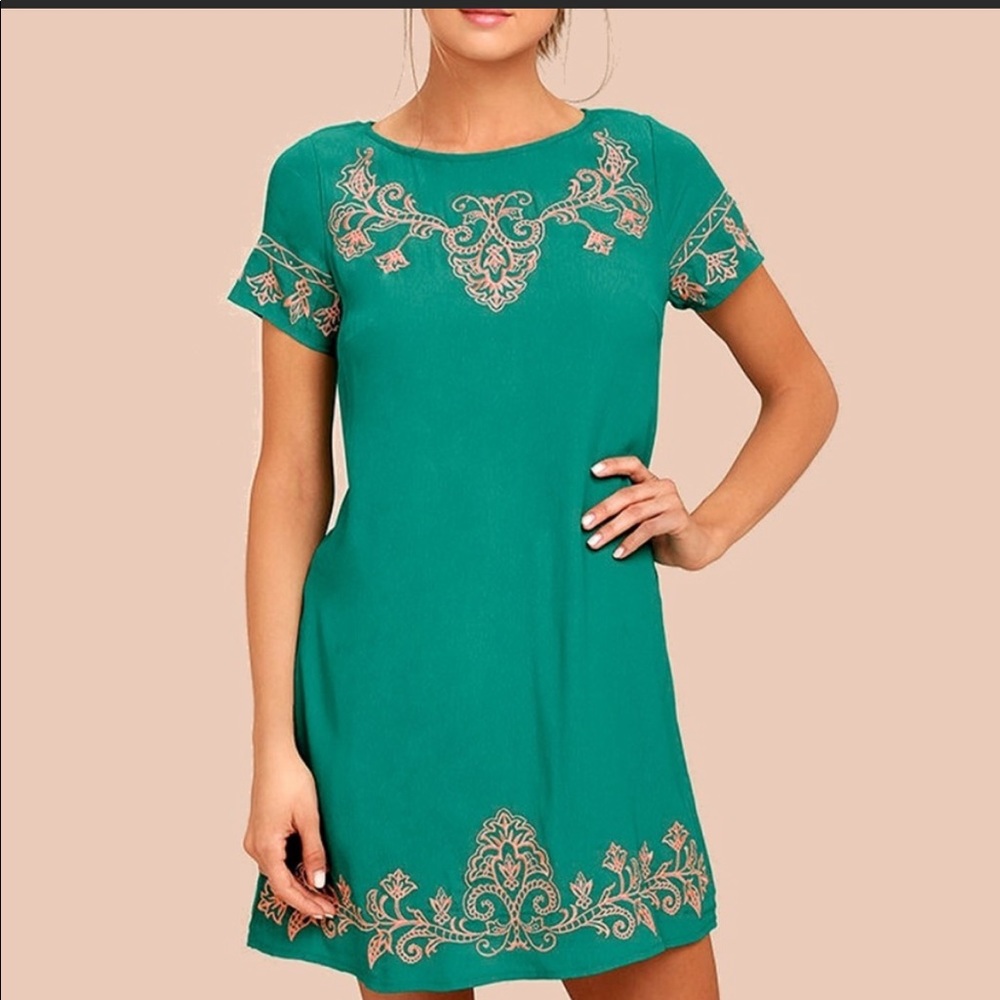 Teal Lulus Embroidered Shift Dress
